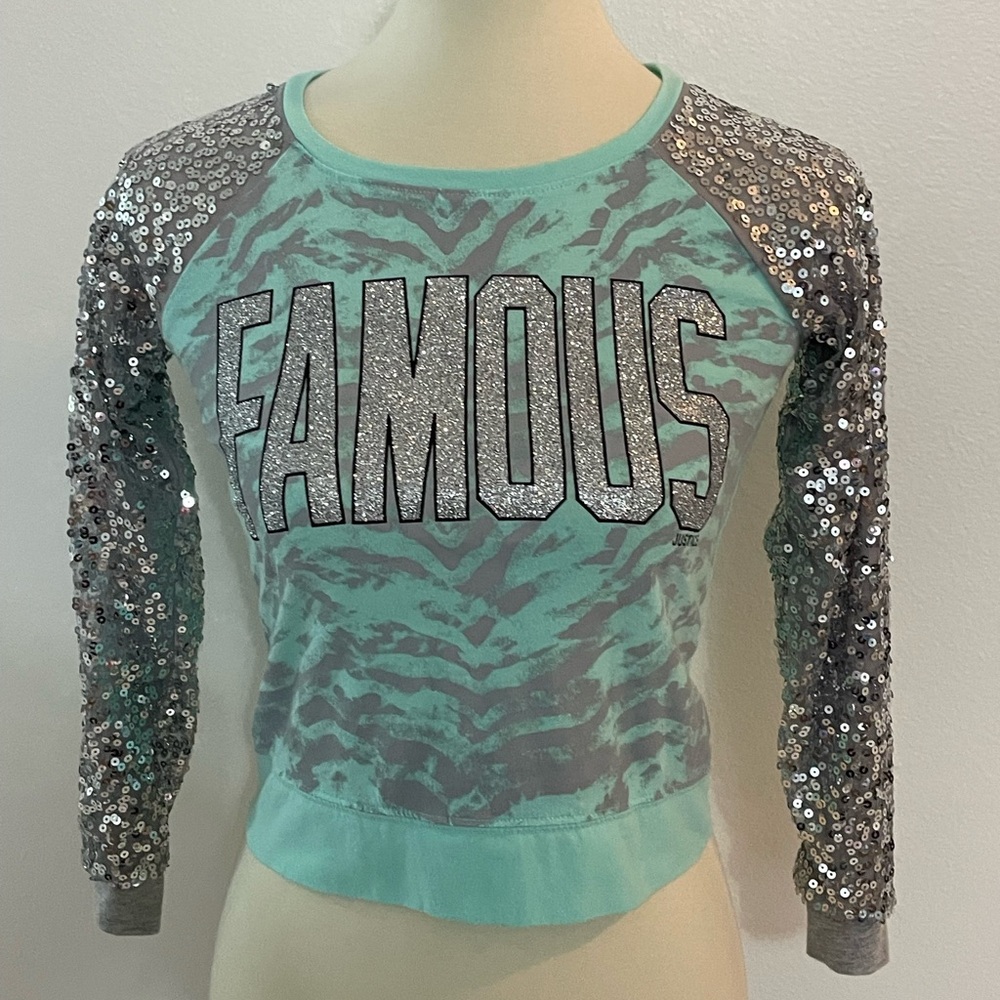 Cute Glitter‎ Sequin Teal and Silver Sweatshirt Top FAMOUS Size 10 Girls